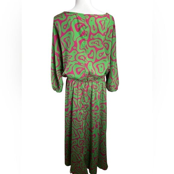 Printed Lantern Long Sleeve Loose Maxi Dress Vibrant Green Pink Size XXL - Picture 8 of 13